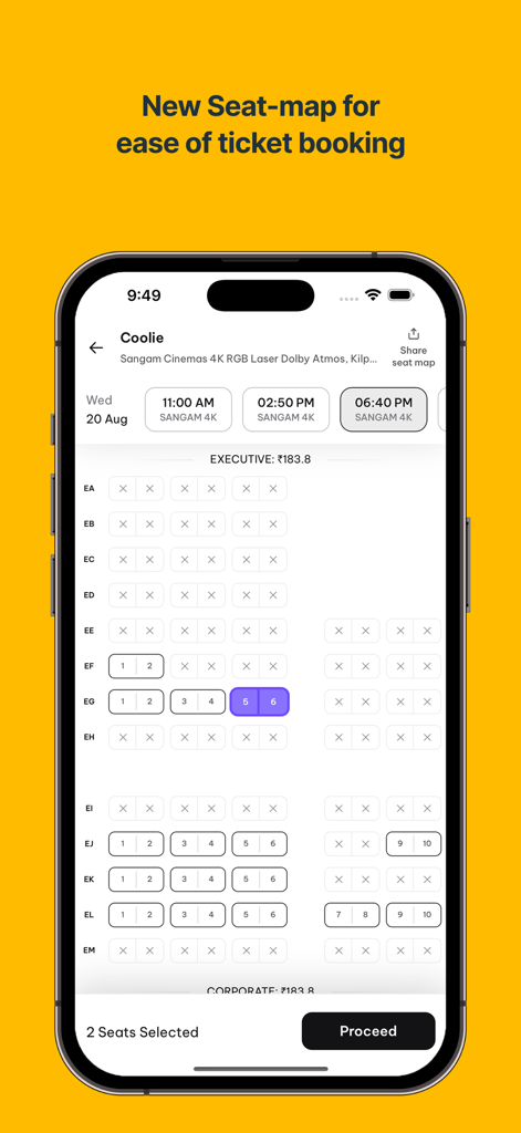 Interface of the TicketNew app showing an interactive cinema seat map for booking movie tickets