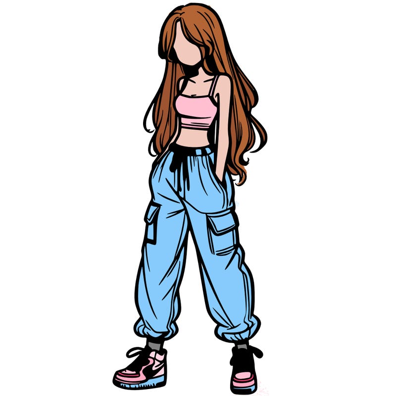 girl in baggy pants crop top and long hair