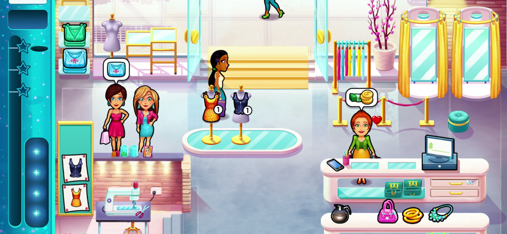 안젤라가 뉴욕 패션 부티크 게임 플레이에서 고객들에게 서비스를 제공하는 모습