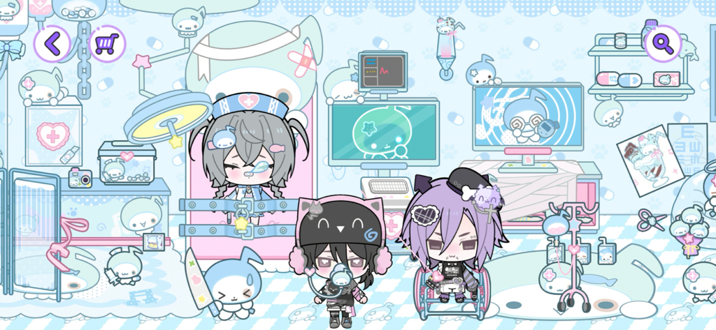 Três personagens chibi em um quarto fofo com tema médico, com decorações kawaii azuis e brancas