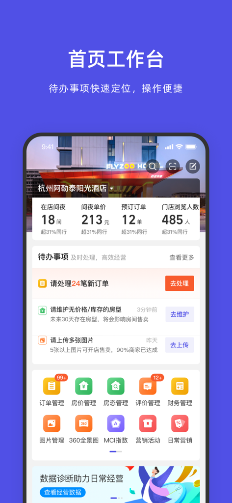 飞猪酒店商家 - Tableau de bord mobile de l'application Fliggy Hotel Merchant affichant les indicateurs d'activité et les tâches à accomplir pour les directeurs d'hôtel