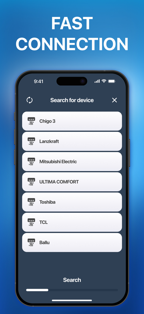 Universal AC Remote Control ㅤ - Universal AC Remote Control app screen showing a list of air conditioner brands for fast connection