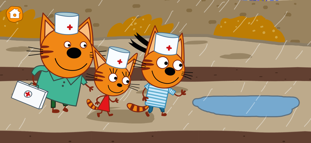 Kid-E-Cats characters dressed as doctors carrying a medical kit and walking in the rain