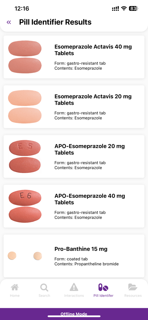 Screen display of the Pill Identifier results in the eMIMS Elite app featuring images and descriptions for various medicines