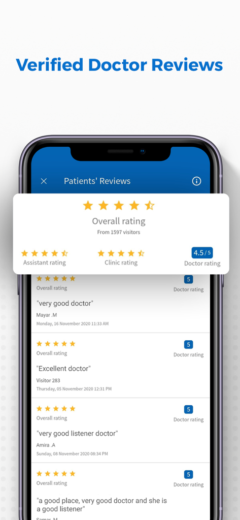 Vezeeta - Doctors & Pharmacy - Screen displaying verified doctor ratings and patient reviews in the Vezeeta app