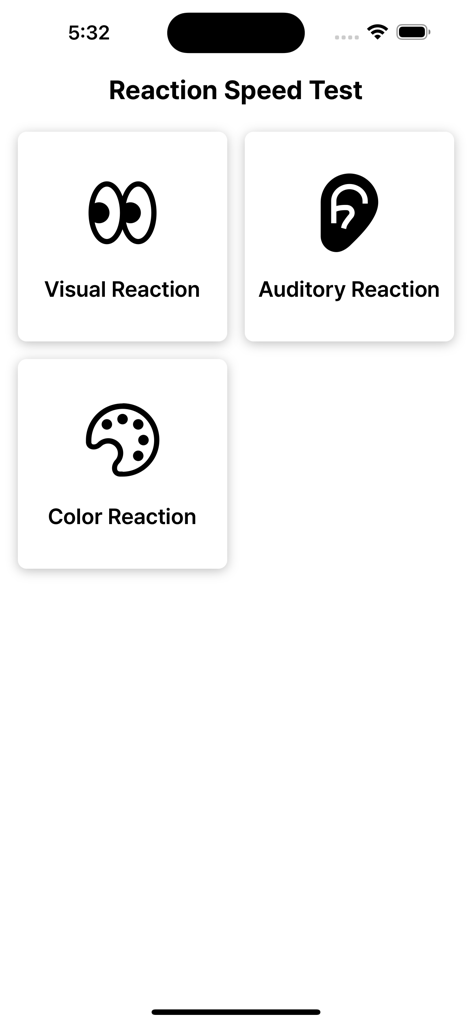 Reaction Speed Test - Prove it - Reaction Speed Test main menu showing options for visual auditory and color tests