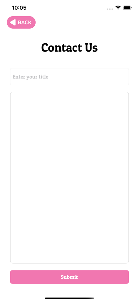 Contact Us screen of the BritVPN app showing a message title field and submit button