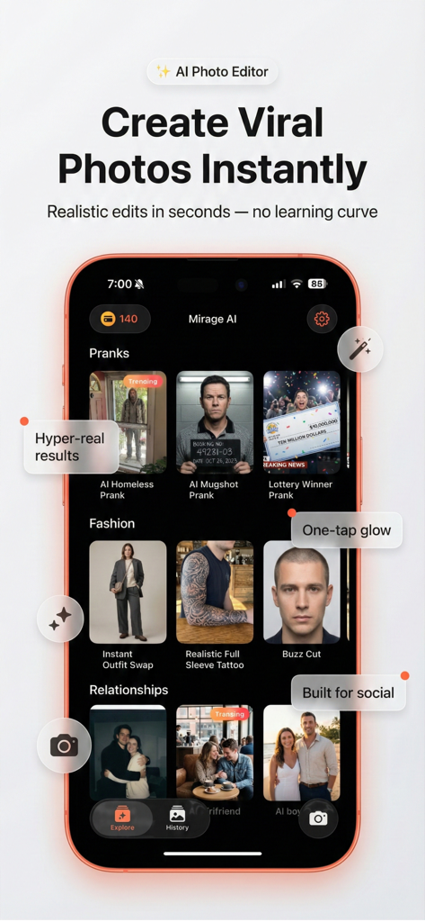 Mirage AI: Photo Editor - Interface do aplicativo Mirage AI mostrando recursos de edição de fotos virais como pegadinhas com IA, trocas de roupas e fotos de relacionamento.
