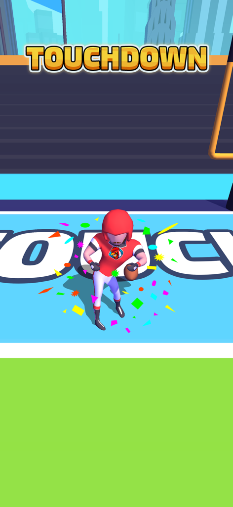 Um jogador de futebol americano 3D celebrando um touchdown com confete colorido na endzone