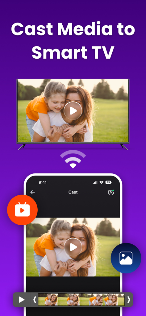 Un iPhone transmitiendo un video familiar a una pantalla de smart TV usando la aplicación de control remoto universal.