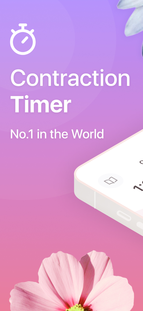 Screen display for Contraction Timer and Counter 9m app with a purple background and pink flower