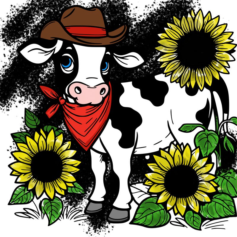 western cow and sunflowers