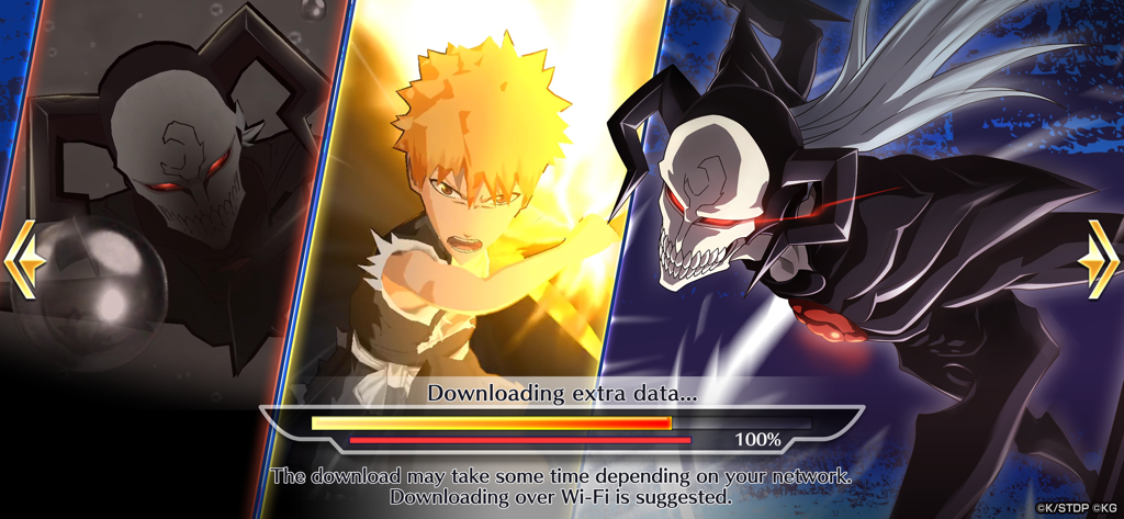 Bleach: Brave Souls Anime Game - Bleach Brave Souls game loading screen showing Ichigo Kurosaki and hollow characters with a full progress bar