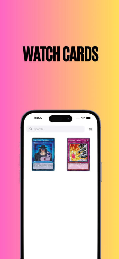 Card AI Scanner For YuGiOh - Mobile app interface showing the Watch Cards feature with a search bar and YuGiOh card collection