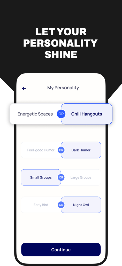 Alyke: Vibe-Based Friendships - Alyke app screen showing personality trait selections like chill hangouts and dark humor to find compatible friends