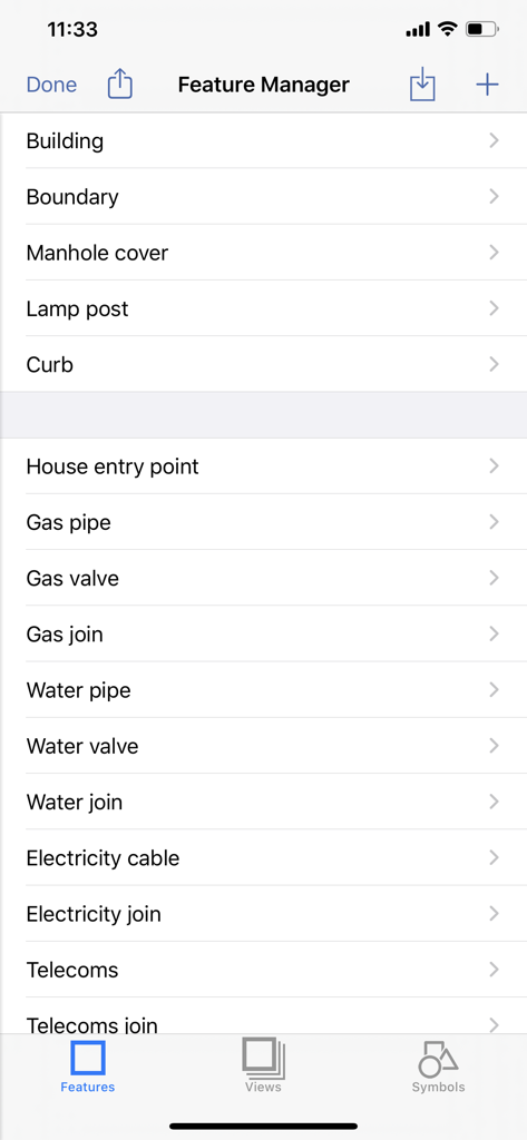 GeoAce app interface showing the Feature Manager screen with a list of infrastructure categories like building, boundary, and utility pipes for surveying.