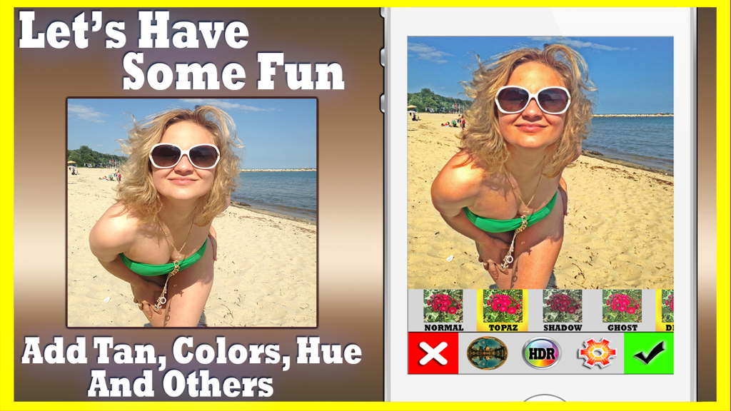 Photo Studio - Photo Editor You'll Ever Need. - Interfaz de la aplicación Photo Studio mostrando una foto de playa siendo editada con filtros HDR y de color.