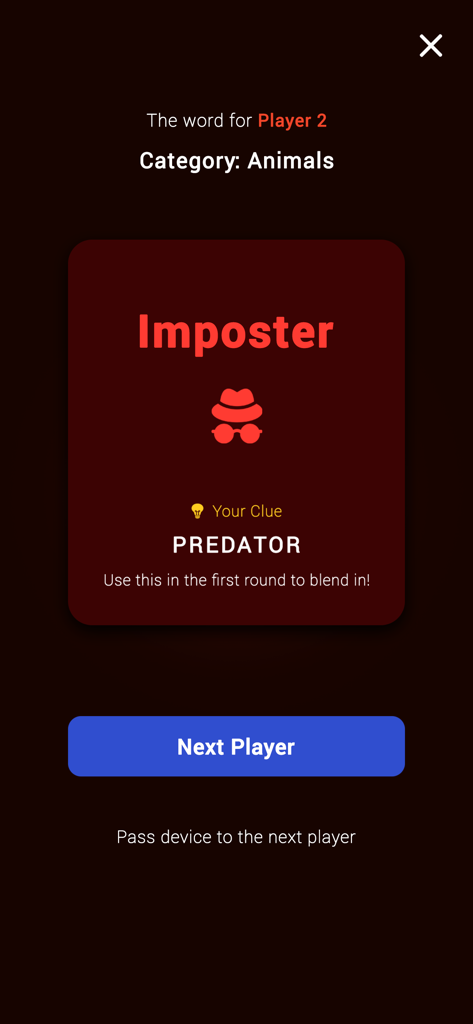 Impostor Challenge: Guess Who - Schermata di assegnazione del ruolo dell'impostore che mostra il predatore di indizi per la categoria animali
