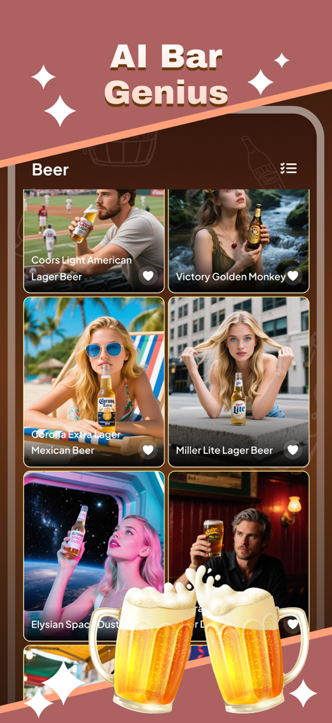 Lumomo - Pantalla de la aplicación móvil Lumomo que muestra la enciclopedia de cervezas AI Bar Genius con múltiples listados de marcas de cerveza