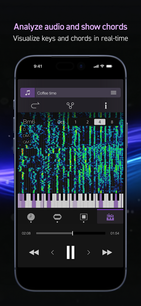 PSOFT Audio Player - Análisis de acordes en tiempo real y visualización de escala musical en un reproductor de audio móvil