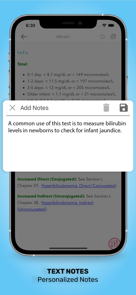 Personalized text notes feature in the Pediatrics On Call medical app displaying bilirubin information