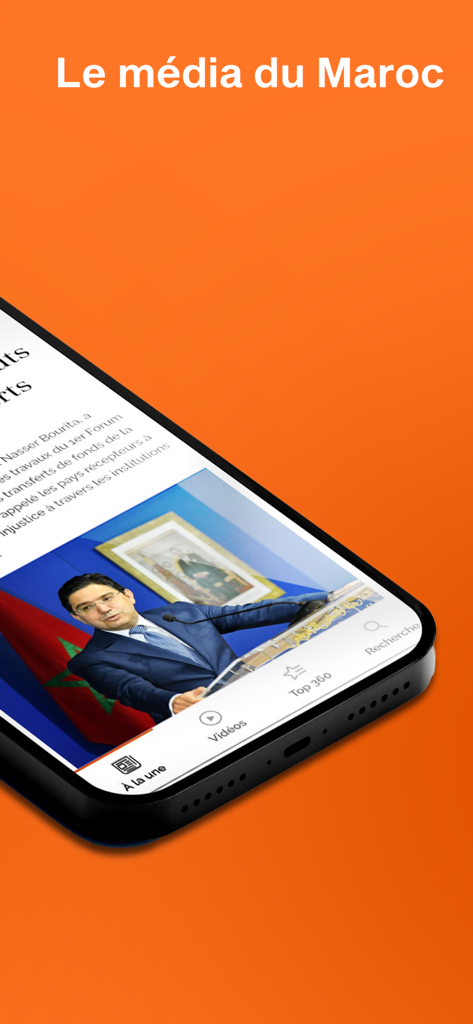 Un artículo de noticias sobre Marruecos mostrado en una pantalla de iPhone dentro de la aplicación Le360 sobre un fondo naranja.