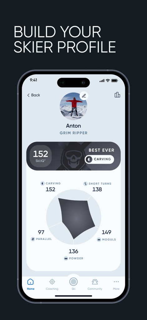 User profile in the Carv app showing Ski IQ and a radar chart of skiing skills.