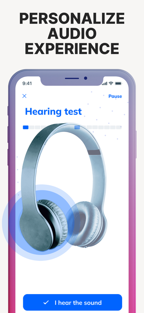 Interface de um aplicativo móvel mostrando um teste de audição com fones de ouvido para personalizar a experiência de áudio