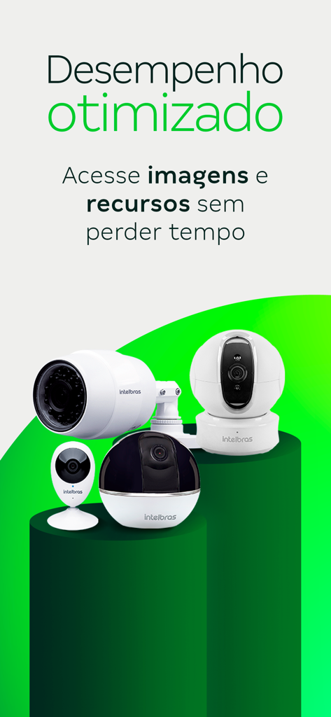 Four different models of white Intelbras Mibo security cameras displayed on green pedestals