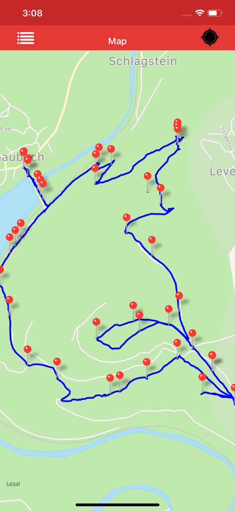 Gpx Viewer-Gpx Converter app - A mobile app screenshot showing a map with a blue hiking route and multiple red waypoint pins