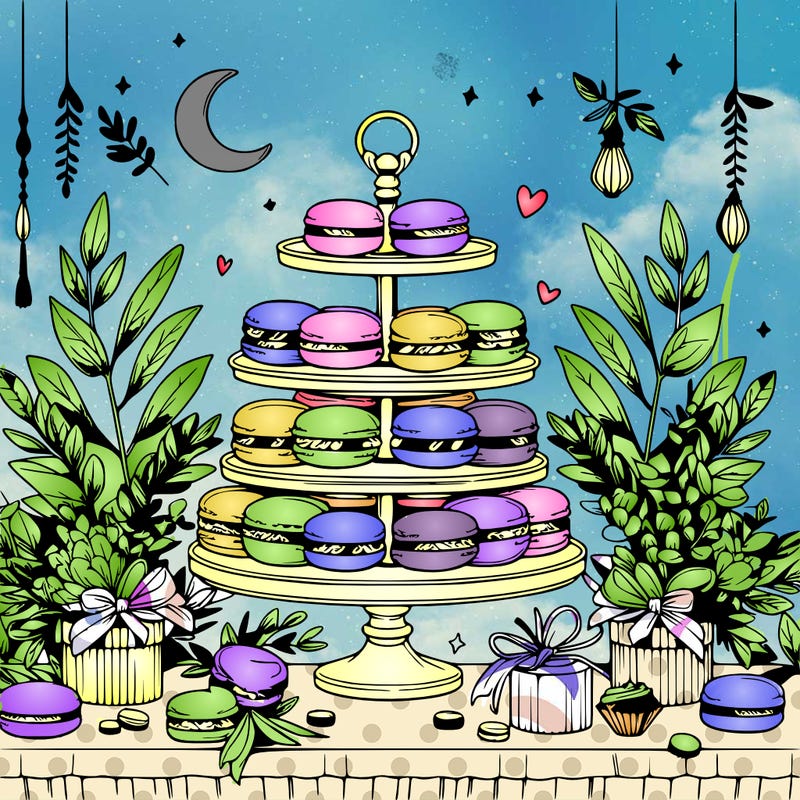 macaron display on a beautiful elegant table with eucalyptus leaves around it and small trinkets
