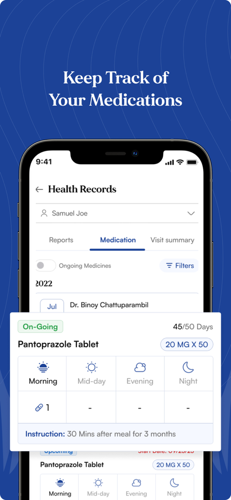 HCCI Connect– Consult a Doctor - Interface of the HCCI Connect app showing medication schedules and health records for tracking prescriptions