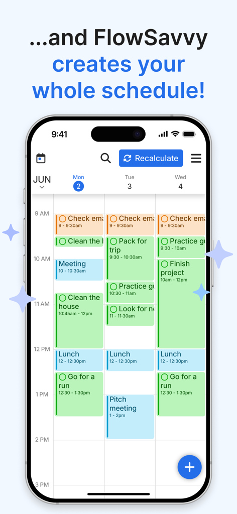 FlowSavvy mobile app interface displaying an AI-generated weekly schedule with color-coded time-blocked tasks