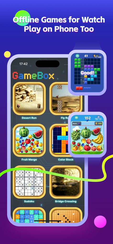 Games For Watch! - A collection of offline mini games for Apple Watch and iPhone shown on a smartphone screen