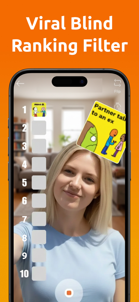 A woman using the Ranking Filter app to create a viral blind ranking video with a face camera and a top 10 list