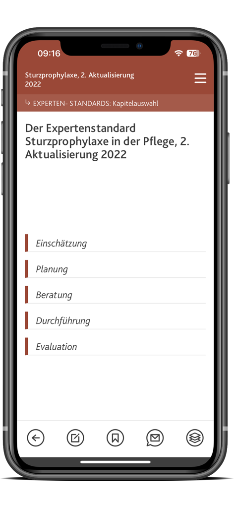 DNQP Leila - Aplicativo móvel DNQP Leila mostrando seleção de capítulos para padrões de prevenção de quedas em enfermagem