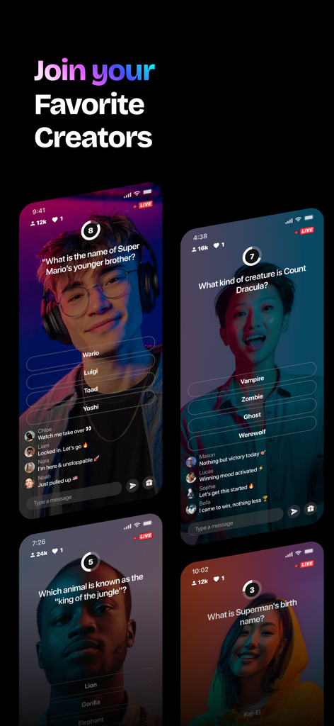 Quatro capturas de tela de telefone do aplicativo Sway mostrando game shows interativos ao vivo apresentados por criadores com perguntas de trivia e chat ao vivo