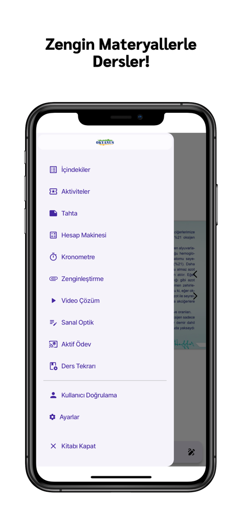 Okyanus Mobil Kütüphane - Interfaz de la aplicación Okyanus Mobil Kutuphane que muestra un menú lateral con varias herramientas de estudio y opciones de lecciones interactivas