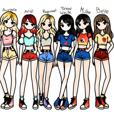 a group of girls wearing crop tops and shorts
