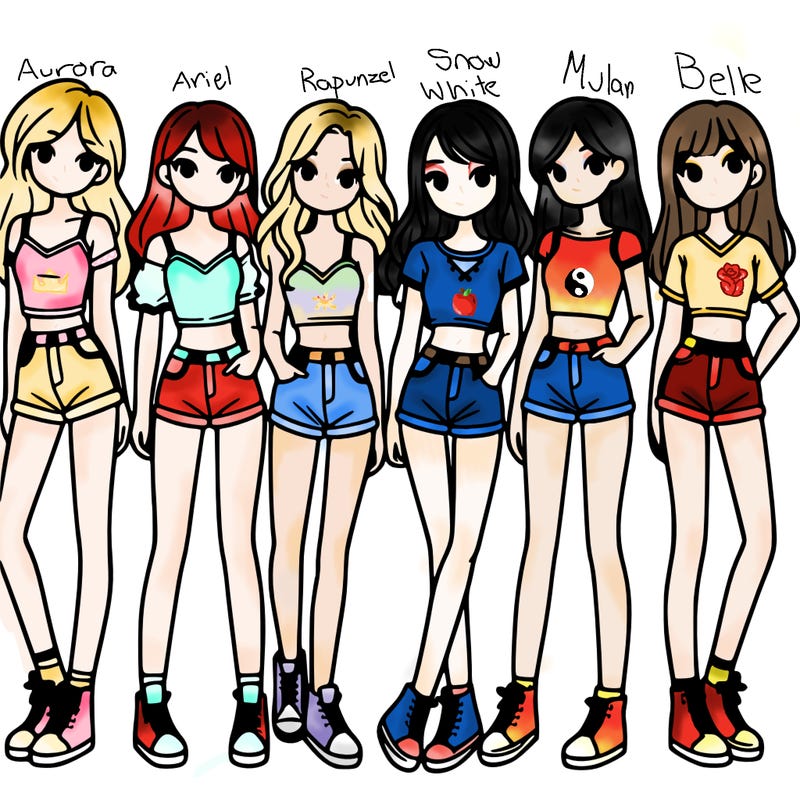 a group of girls wearing crop tops and shorts
