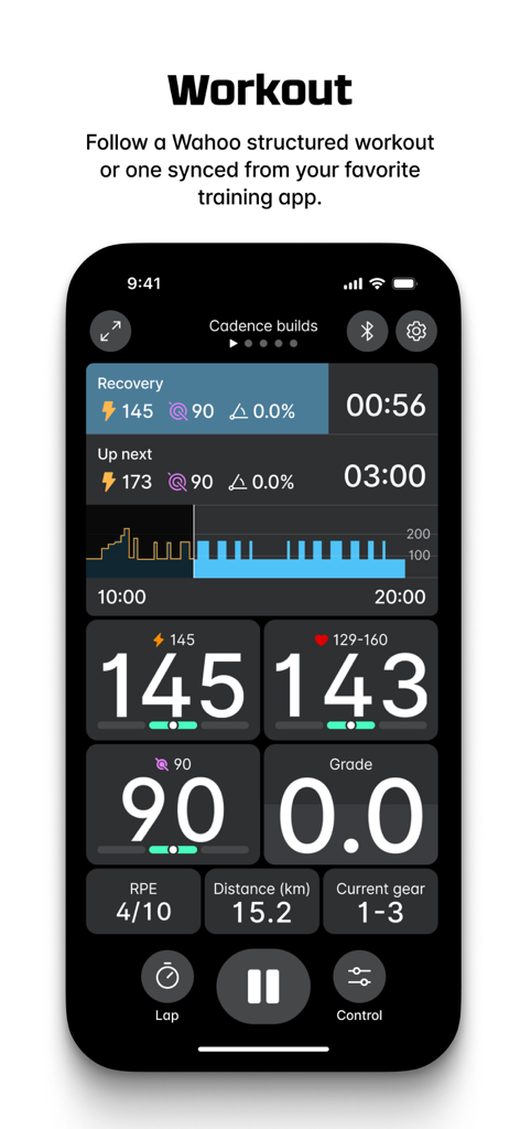 Wahoo - Real-time workout tracking interface in the Wahoo app showing power, heart rate, cadence, and interval progress metrics.
