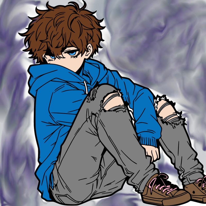 a male hoddie ripped jeans messy hair anime