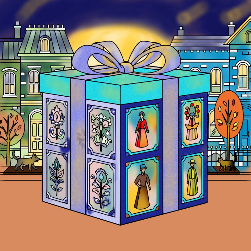 large present with victorian artwork on the box