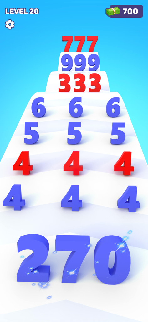 Pantalla de juego de Number Run and Merge Master mostrando números 3D en una pista de carreras