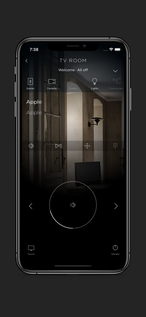 BeoLiving - BeoLiving app interface showing smart home controls for a TV room