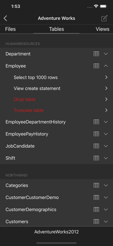 SQL Server MSSQL by SQLPro mobile app displaying a list of database tables and options
