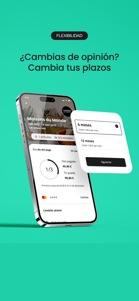 Interfaz de la aplicación móvil SeQura mostrando opciones de pago flexibles para cambiar planes de cuotas de una compra