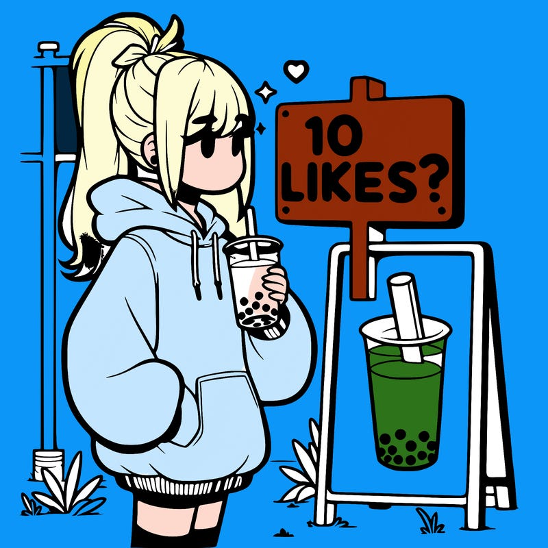 girl with oversized hoodie drinking boba and she has a high ponytail with a sign that says 10likes?