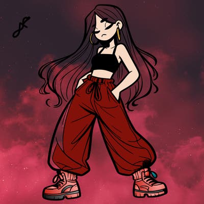 girl in baggy pants crop top and long hair