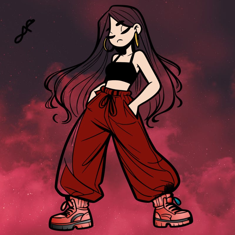 girl in baggy pants crop top and long hair